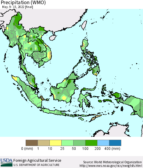 South East Asia Precipitation (WMO) Thematic Map For 5/9/2022 - 5/15/2022