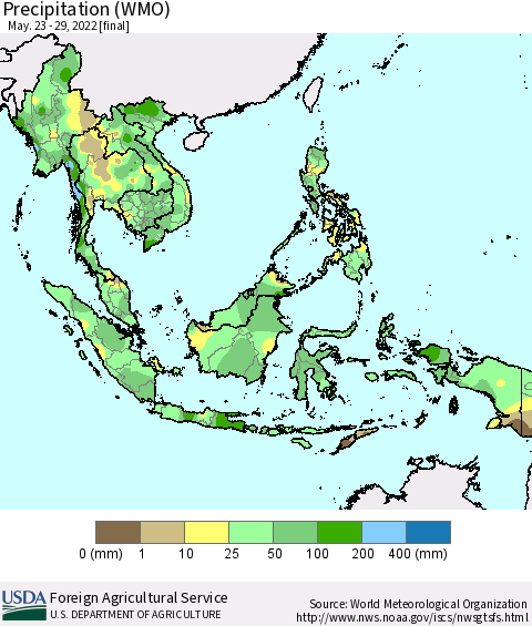 South East Asia Precipitation (WMO) Thematic Map For 5/23/2022 - 5/29/2022