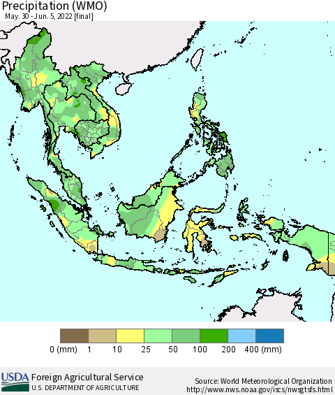 South East Asia Precipitation (WMO) Thematic Map For 5/30/2022 - 6/5/2022