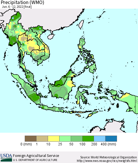 South East Asia Precipitation (WMO) Thematic Map For 6/6/2022 - 6/12/2022