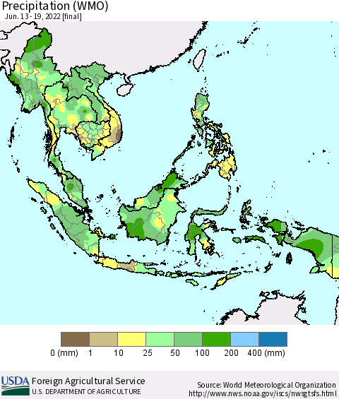 South East Asia Precipitation (WMO) Thematic Map For 6/13/2022 - 6/19/2022