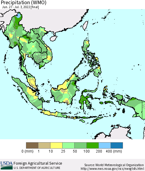 South East Asia Precipitation (WMO) Thematic Map For 6/27/2022 - 7/3/2022
