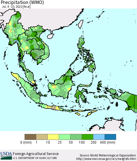 South East Asia Precipitation (WMO) Thematic Map For 7/4/2022 - 7/10/2022