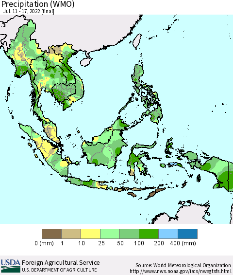 South East Asia Precipitation (WMO) Thematic Map For 7/11/2022 - 7/17/2022