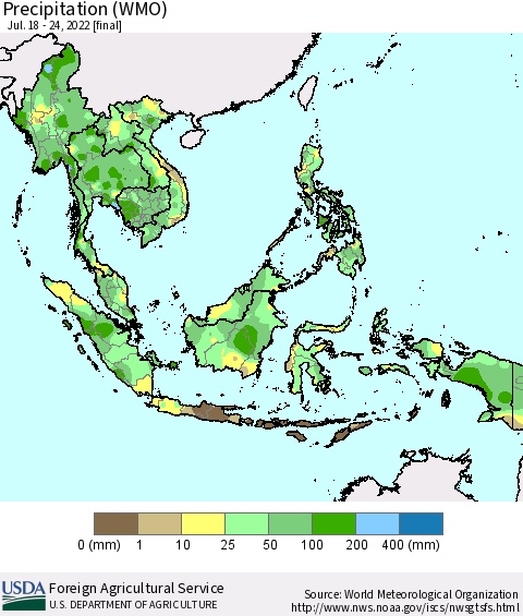South East Asia Precipitation (WMO) Thematic Map For 7/18/2022 - 7/24/2022