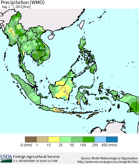 South East Asia Precipitation (WMO) Thematic Map For 8/1/2022 - 8/7/2022