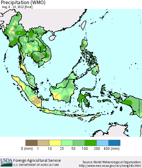 South East Asia Precipitation (WMO) Thematic Map For 8/8/2022 - 8/14/2022