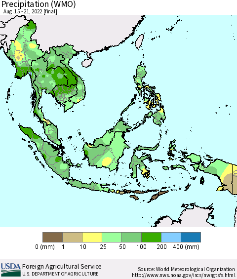 South East Asia Precipitation (WMO) Thematic Map For 8/15/2022 - 8/21/2022