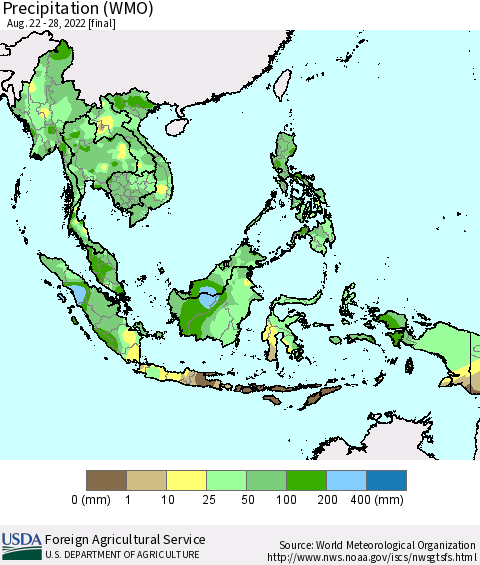 South East Asia Precipitation (WMO) Thematic Map For 8/22/2022 - 8/28/2022