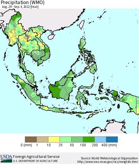 South East Asia Precipitation (WMO) Thematic Map For 8/29/2022 - 9/4/2022