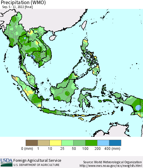 South East Asia Precipitation (WMO) Thematic Map For 9/5/2022 - 9/11/2022