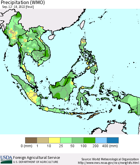 South East Asia Precipitation (WMO) Thematic Map For 9/12/2022 - 9/18/2022