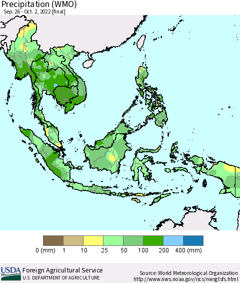 South East Asia Precipitation (WMO) Thematic Map For 9/26/2022 - 10/2/2022