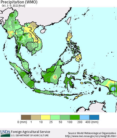 South East Asia Precipitation (WMO) Thematic Map For 10/3/2022 - 10/9/2022