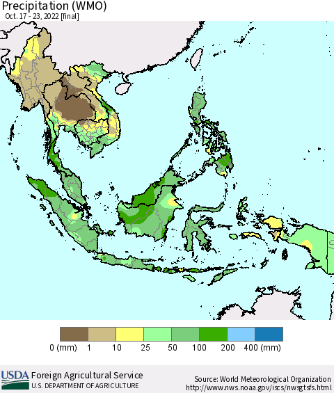 South East Asia Precipitation (WMO) Thematic Map For 10/17/2022 - 10/23/2022