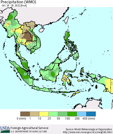 South East Asia Precipitation (WMO) Thematic Map For 10/24/2022 - 10/30/2022