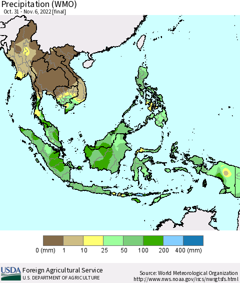South East Asia Precipitation (WMO) Thematic Map For 10/31/2022 - 11/6/2022