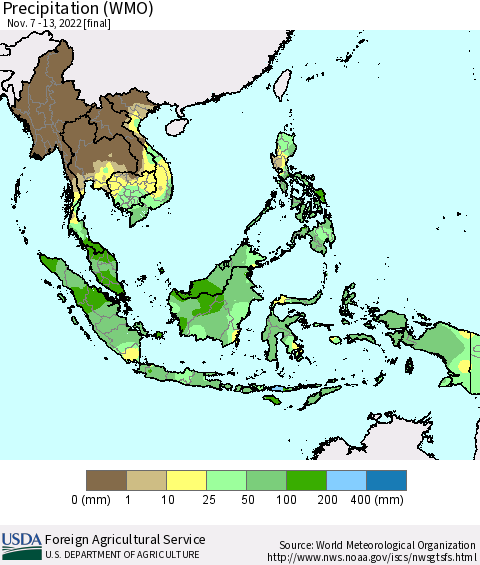 South East Asia Precipitation (WMO) Thematic Map For 11/7/2022 - 11/13/2022