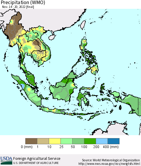 South East Asia Precipitation (WMO) Thematic Map For 11/14/2022 - 11/20/2022