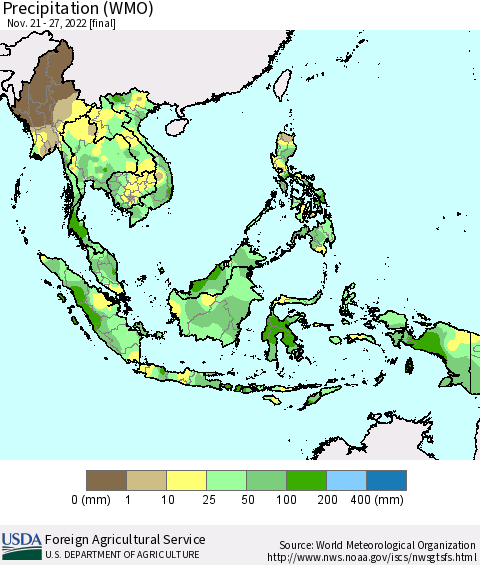 South East Asia Precipitation (WMO) Thematic Map For 11/21/2022 - 11/27/2022