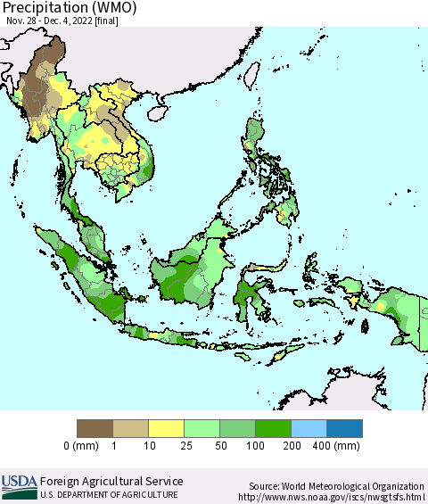 South East Asia Precipitation (WMO) Thematic Map For 11/28/2022 - 12/4/2022