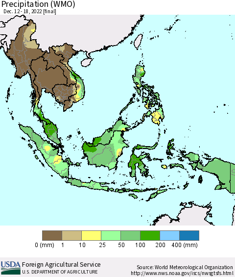 South East Asia Precipitation (WMO) Thematic Map For 12/12/2022 - 12/18/2022