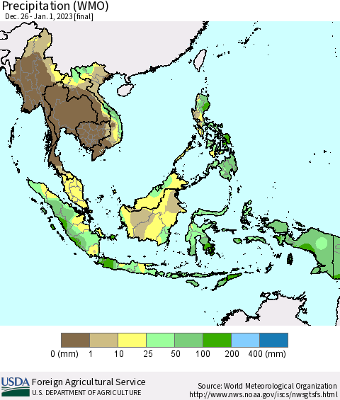 South East Asia Precipitation (WMO) Thematic Map For 12/26/2022 - 1/1/2023
