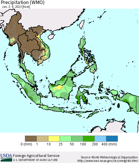 South East Asia Precipitation (WMO) Thematic Map For 1/2/2023 - 1/8/2023