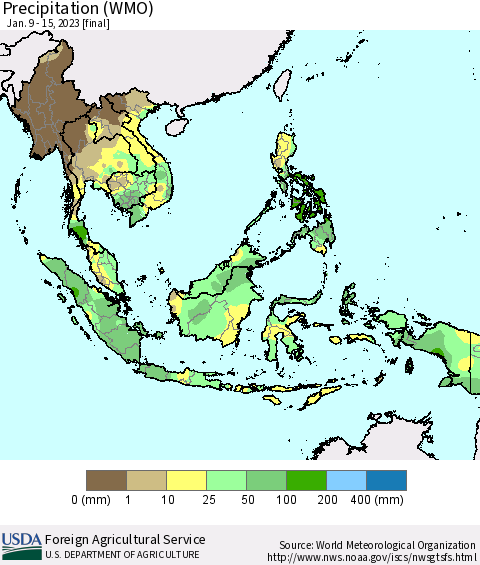 South East Asia Precipitation (WMO) Thematic Map For 1/9/2023 - 1/15/2023