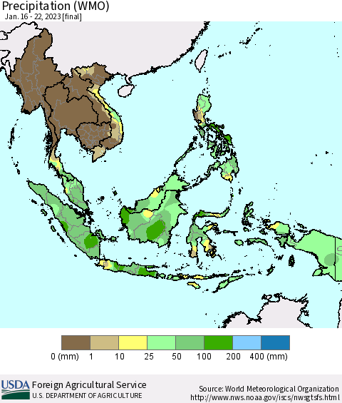 South East Asia Precipitation (WMO) Thematic Map For 1/16/2023 - 1/22/2023