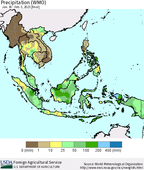 South East Asia Precipitation (WMO) Thematic Map For 1/30/2023 - 2/5/2023