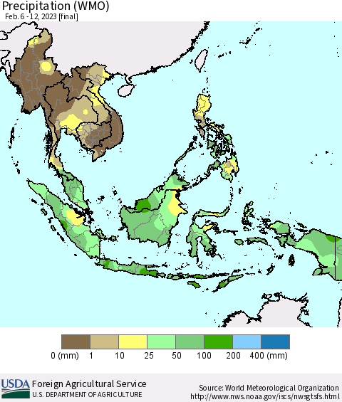 South East Asia Precipitation (WMO) Thematic Map For 2/6/2023 - 2/12/2023