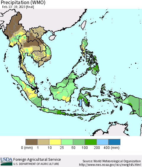 South East Asia Precipitation (WMO) Thematic Map For 2/13/2023 - 2/19/2023