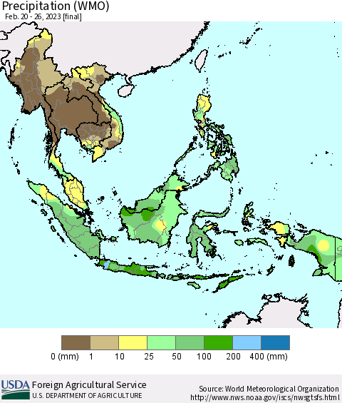 South East Asia Precipitation (WMO) Thematic Map For 2/20/2023 - 2/26/2023