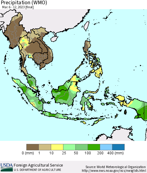 South East Asia Precipitation (WMO) Thematic Map For 3/6/2023 - 3/12/2023