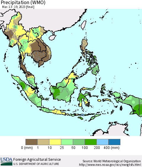 South East Asia Precipitation (WMO) Thematic Map For 3/13/2023 - 3/19/2023