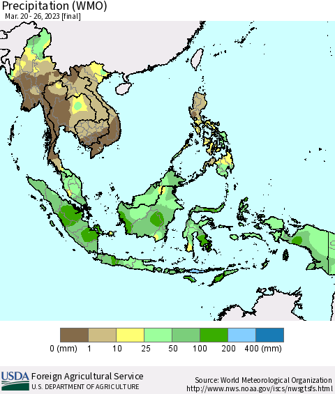 South East Asia Precipitation (WMO) Thematic Map For 3/20/2023 - 3/26/2023