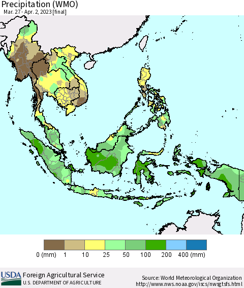 South East Asia Precipitation (WMO) Thematic Map For 3/27/2023 - 4/2/2023