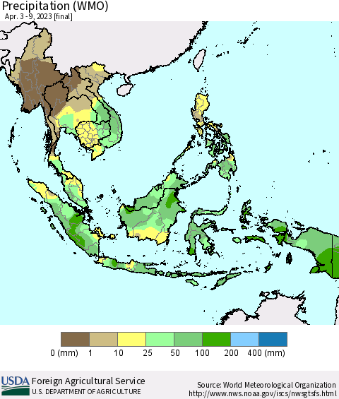 South East Asia Precipitation (WMO) Thematic Map For 4/3/2023 - 4/9/2023