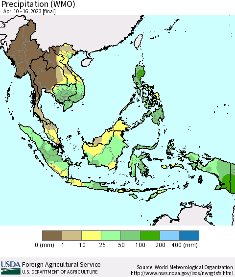 South East Asia Precipitation (WMO) Thematic Map For 4/10/2023 - 4/16/2023