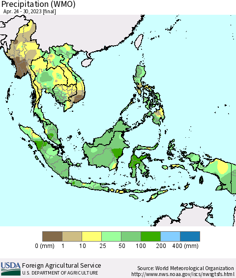 South East Asia Precipitation (WMO) Thematic Map For 4/24/2023 - 4/30/2023