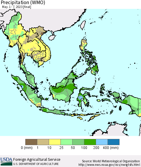 South East Asia Precipitation (WMO) Thematic Map For 5/1/2023 - 5/7/2023