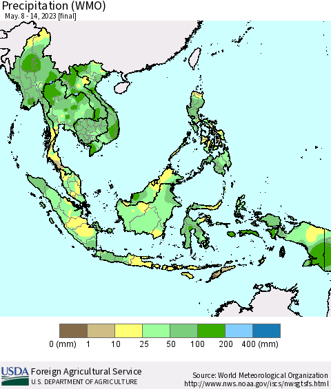 South East Asia Precipitation (WMO) Thematic Map For 5/8/2023 - 5/14/2023