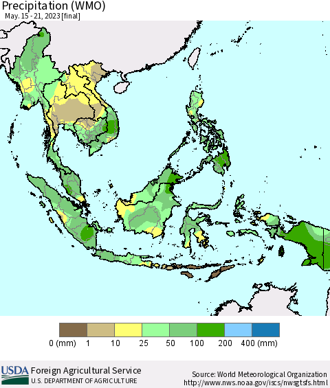 South East Asia Precipitation (WMO) Thematic Map For 5/15/2023 - 5/21/2023
