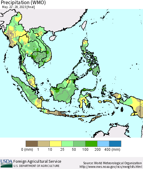 South East Asia Precipitation (WMO) Thematic Map For 5/22/2023 - 5/28/2023