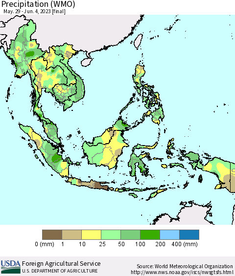 South East Asia Precipitation (WMO) Thematic Map For 5/29/2023 - 6/4/2023