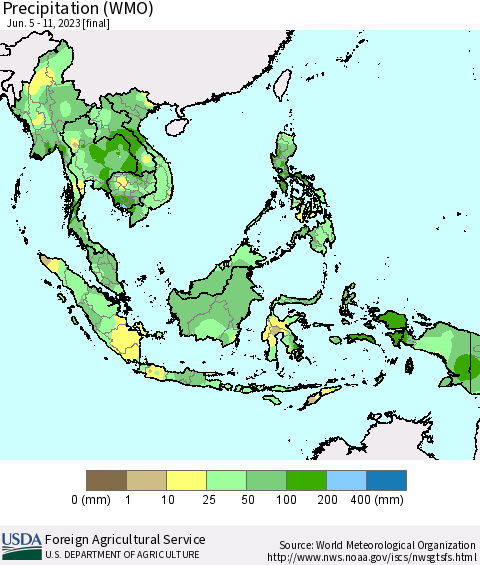 South East Asia Precipitation (WMO) Thematic Map For 6/5/2023 - 6/11/2023