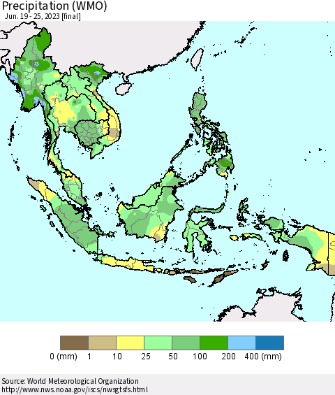 South East Asia Precipitation (WMO) Thematic Map For 6/19/2023 - 6/25/2023