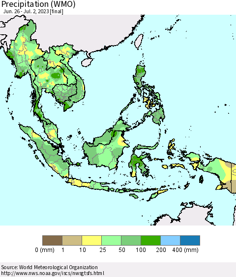 South East Asia Precipitation (WMO) Thematic Map For 6/26/2023 - 7/2/2023