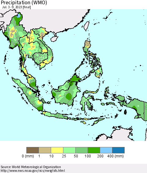 South East Asia Precipitation (WMO) Thematic Map For 7/3/2023 - 7/9/2023